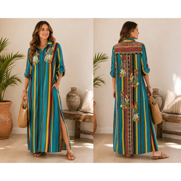 April Sky Dresses & Skirts - April Sky Embroidered Cactus Serape Stripe Maxi Shirt Dress Boho Western M